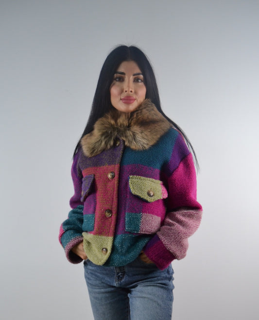 Cappotto Patchwork Fur Collar – Rosa & Teal